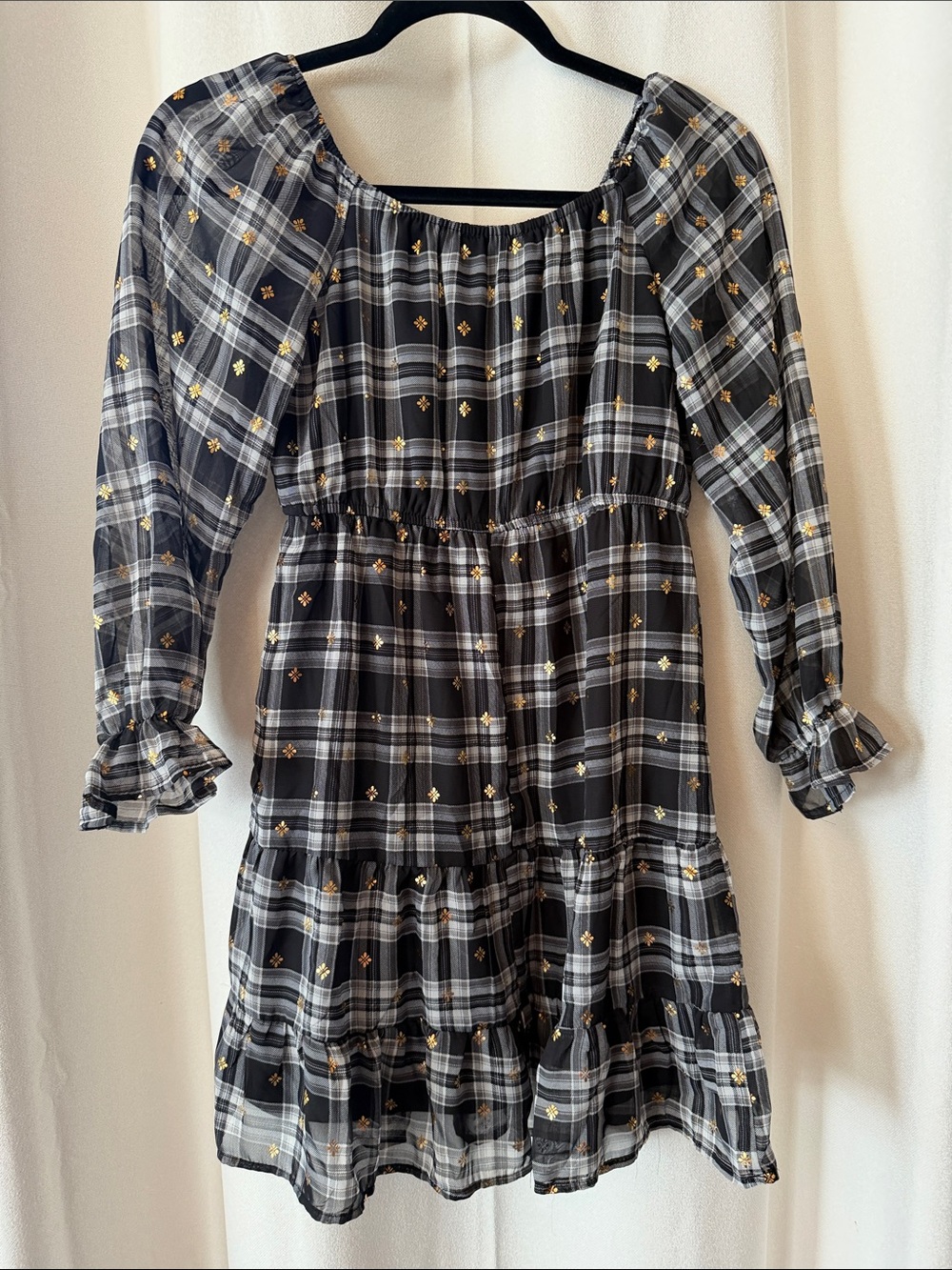 Girls Black Plaid Gold-Accent Ruffle Dress